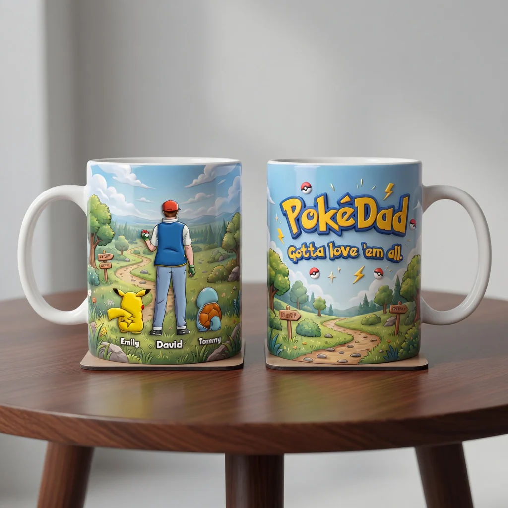 PokeDad Gotta Love 'Em Alll - Personalized White Mug - Gift For Dad - Image 3