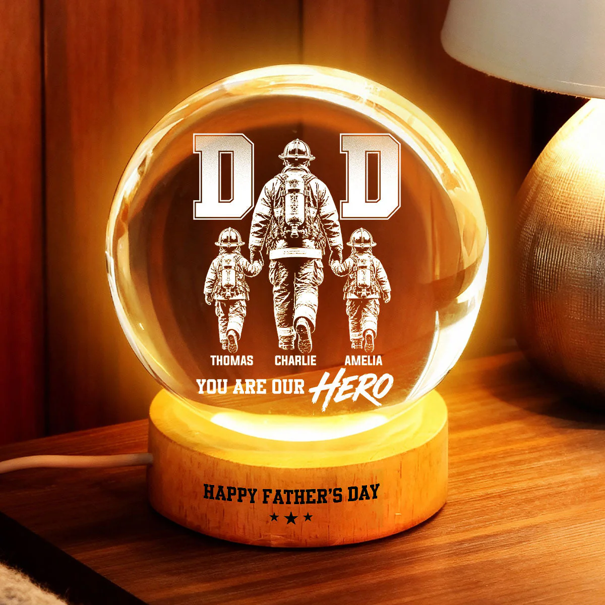 Proud Firefighter Dad You Are Our Hero - Personalized Crystal Globe Lamp - Gift For Dad - Image 3