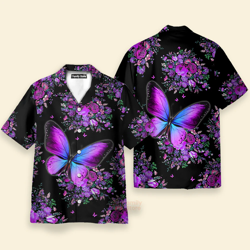 Purple Beautiful Butterfly Flowers Aloha Hawaiian Shirts For Men, Women - Image 2