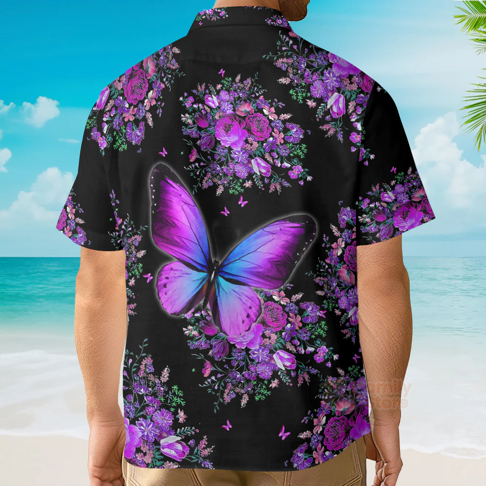 Purple Beautiful Butterfly Flowers Aloha Hawaiian Shirts For Men, Women - Image 4
