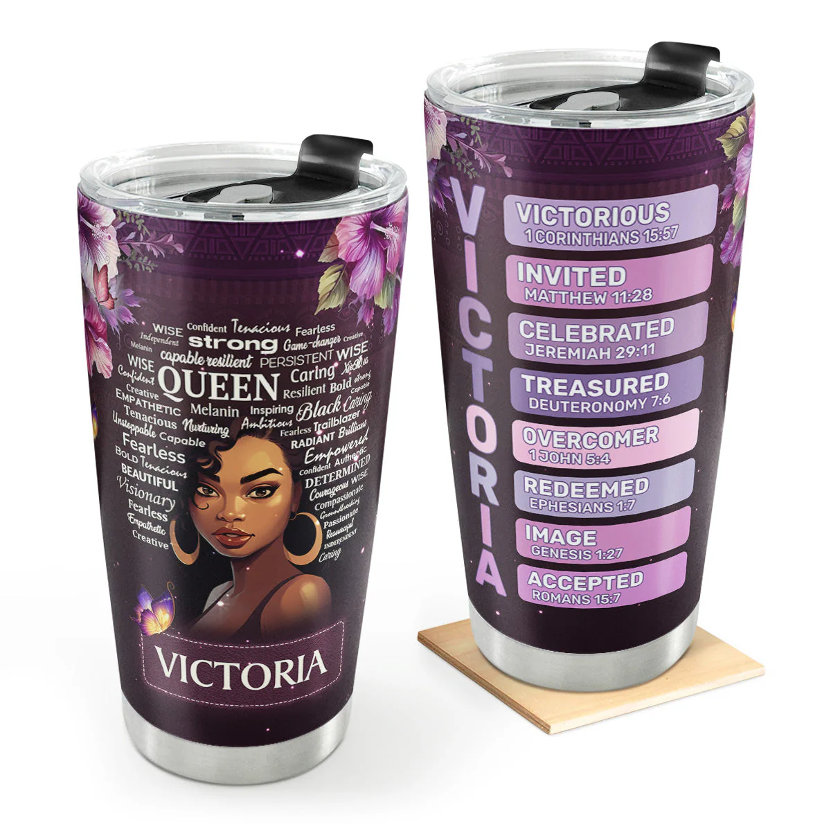 Purple Floral Black Queen - Personalized Stainless Steel Tumbler - Gift For Women