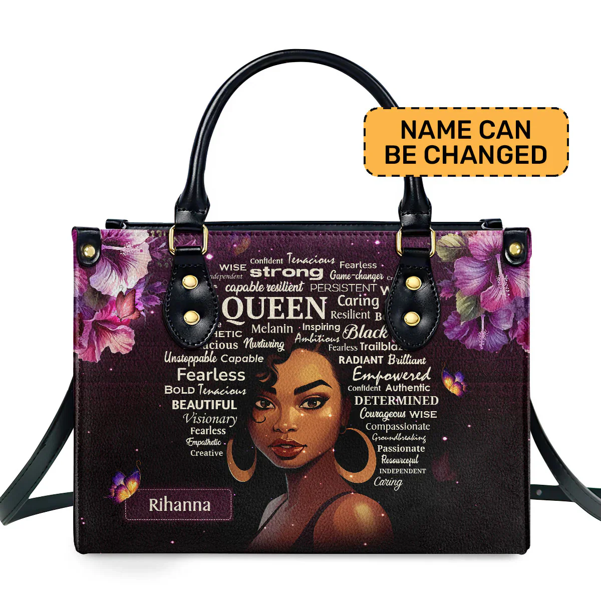 Purple Floral Black Queen with Words of Strength - Personalized Leather Handbag -  Gift For Black Women | HD95