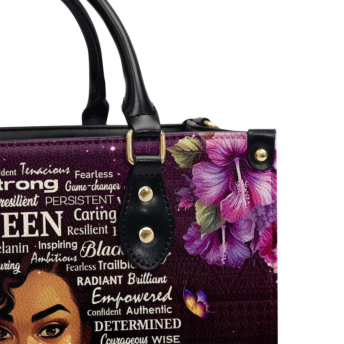 Purple Floral Black Queen with Words of Strength - Personalized Leather Handbag -  Gift For Black Women | HD95 - Image 3