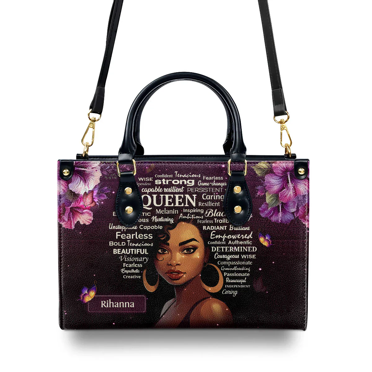 Purple Floral Black Queen with Words of Strength - Personalized Leather Handbag -  Gift For Black Women | HD95 - Image 4