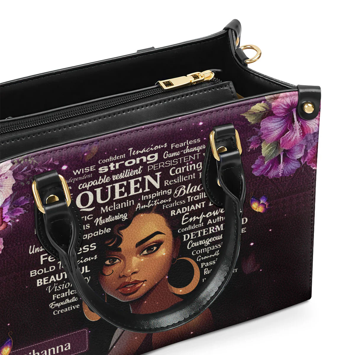 Purple Floral Black Queen with Words of Strength - Personalized Leather Handbag -  Gift For Black Women | HD95 - Image 6