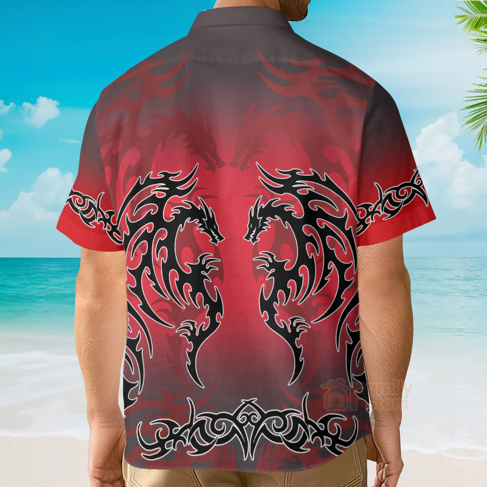 Red Tribal Tattoo Dragon  Fantasy Gothic Hawaiian Shirt - Image 5