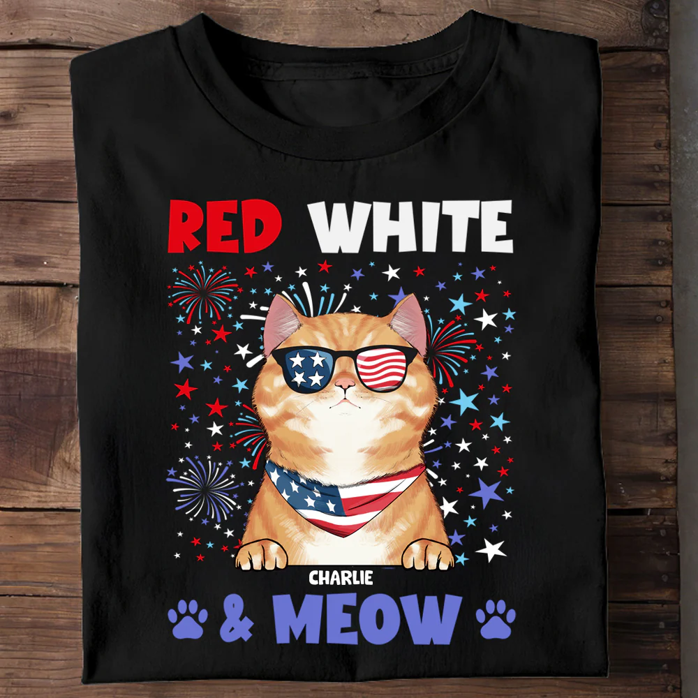 Red White & Meow With 4Th Of July Pattern - Personalized T-shirt - Patriotic Gift For Cat, Pet Lovers | CL12 HN02