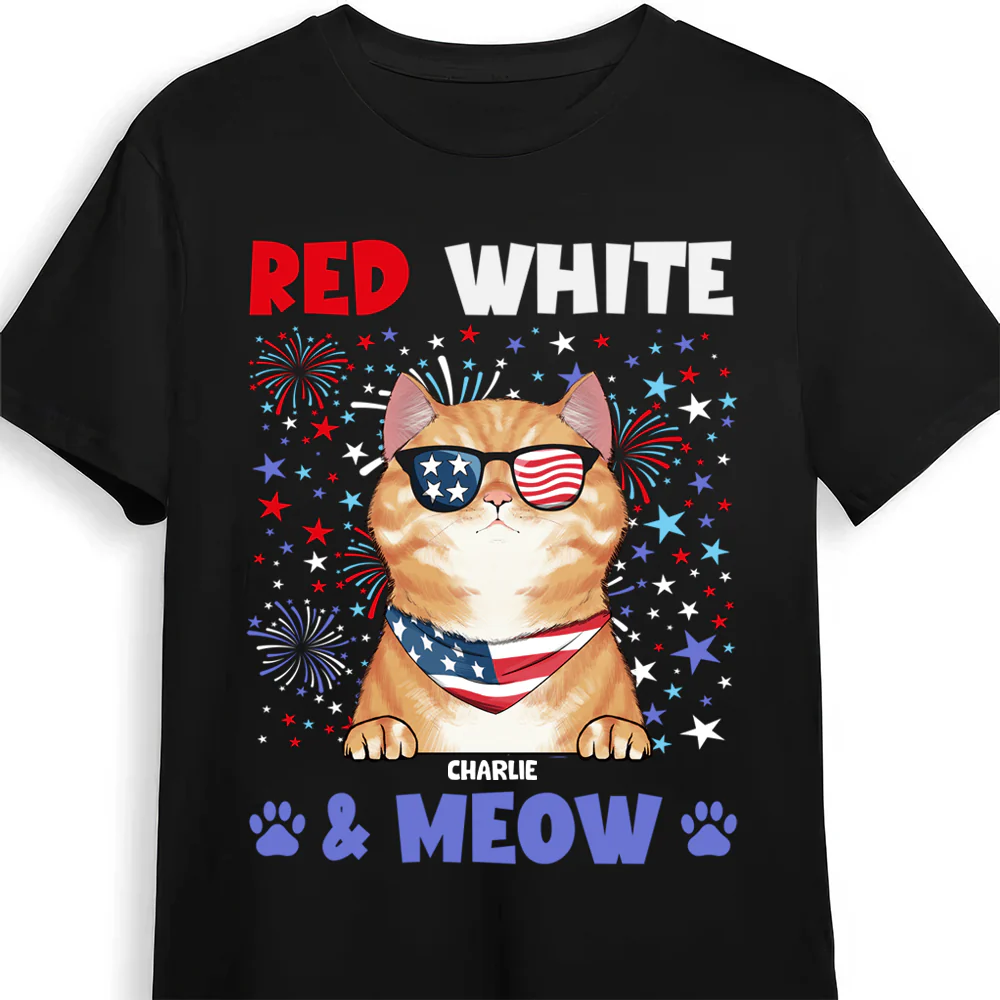 Red White & Meow With 4Th Of July Pattern - Personalized T-shirt - Patriotic Gift For Cat, Pet Lovers | CL12 HN02 - Image 3