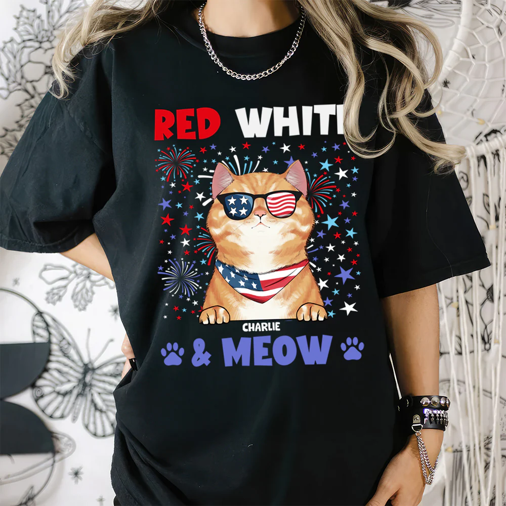 Red White & Meow With 4Th Of July Pattern - Personalized T-shirt - Patriotic Gift For Cat, Pet Lovers | CL12 HN02 - Image 5