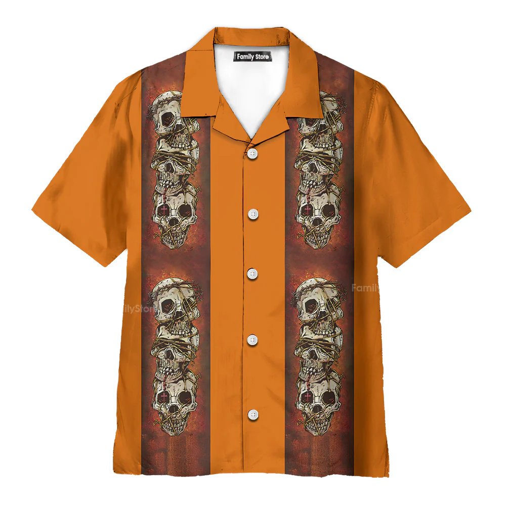 Retro Orange Striped Skull Skewers Hawaiian Shirt