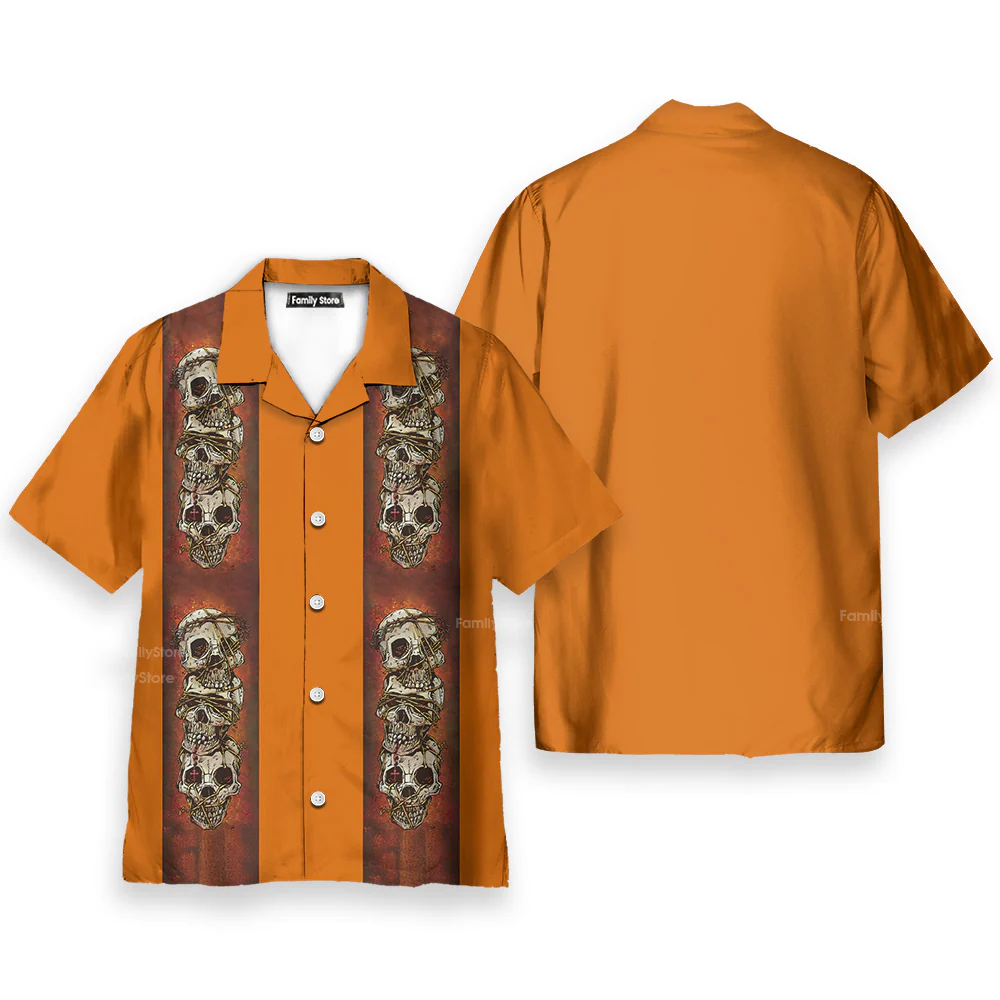 Retro Orange Striped Skull Skewers Hawaiian Shirt - Image 2