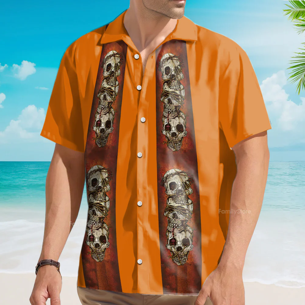 Retro Orange Striped Skull Skewers Hawaiian Shirt - Image 4