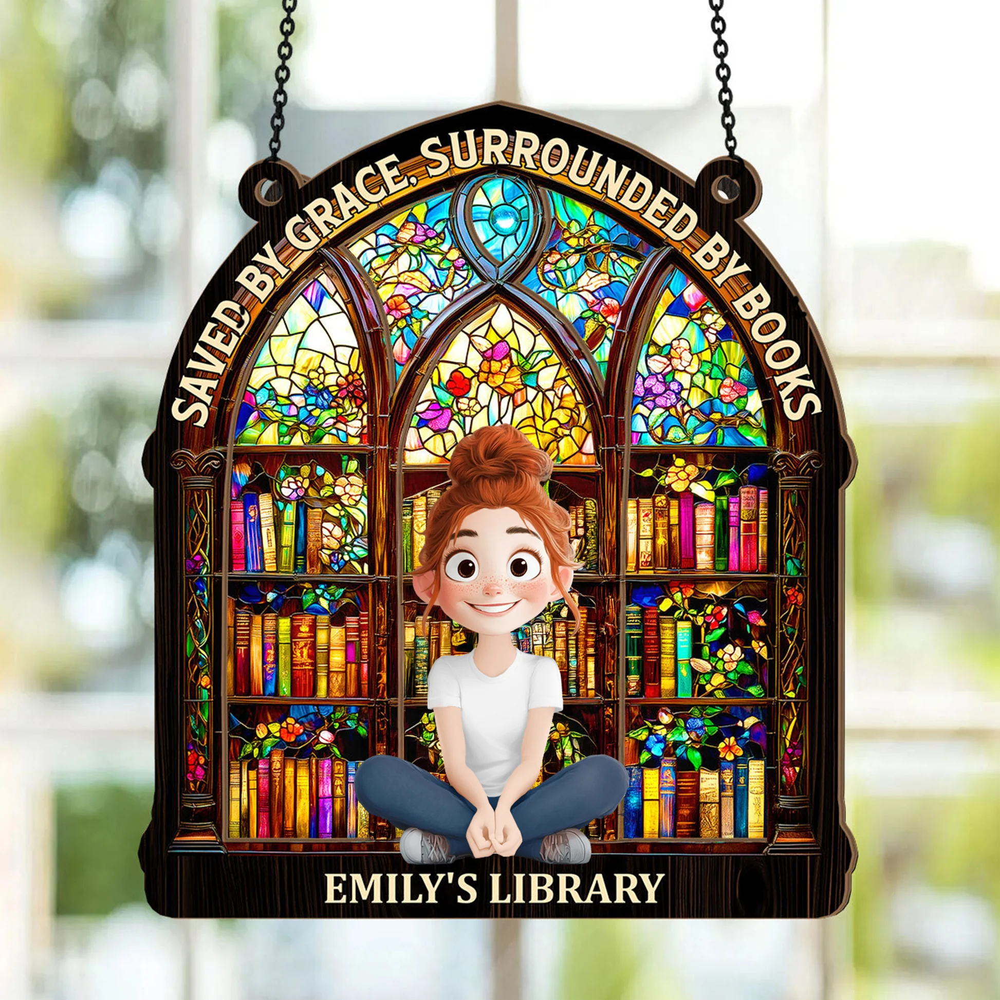 Saved By Grace, Surrounded By Books - Personalized Window Hanging Suncatcher | CLB2