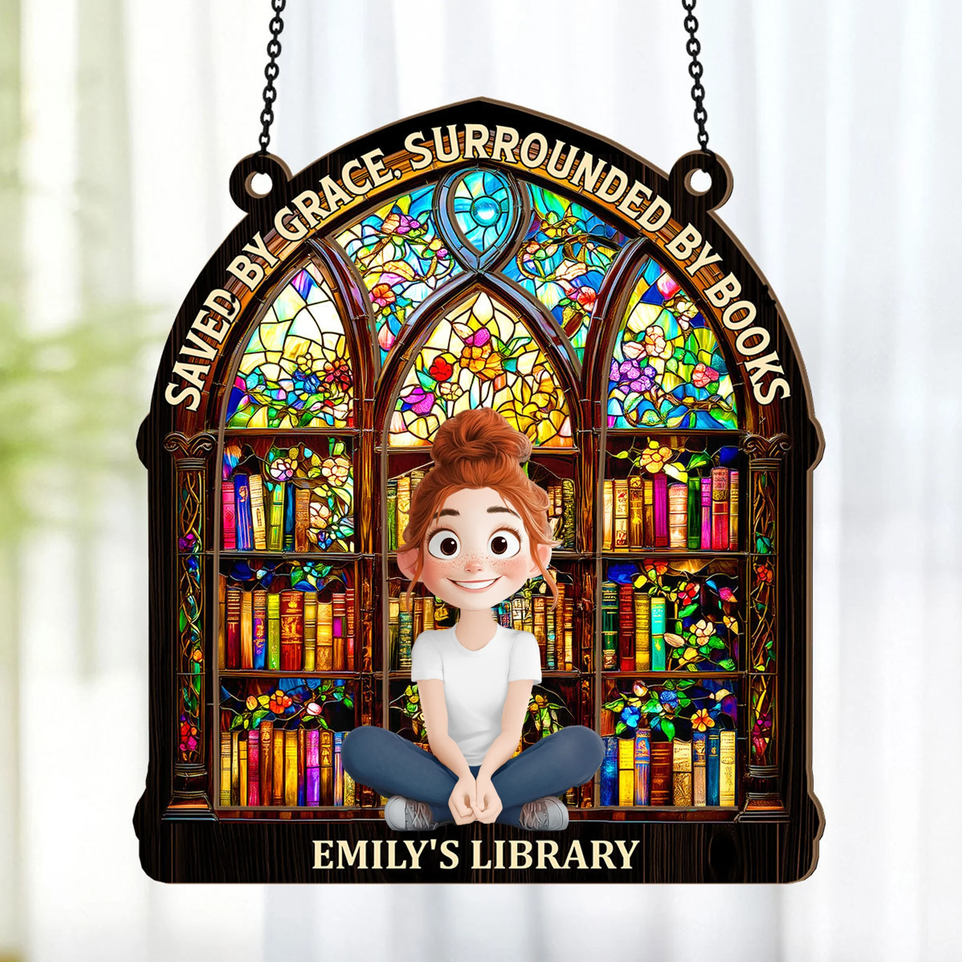 Saved By Grace, Surrounded By Books - Personalized Window Hanging Suncatcher | CLB2 - Image 3