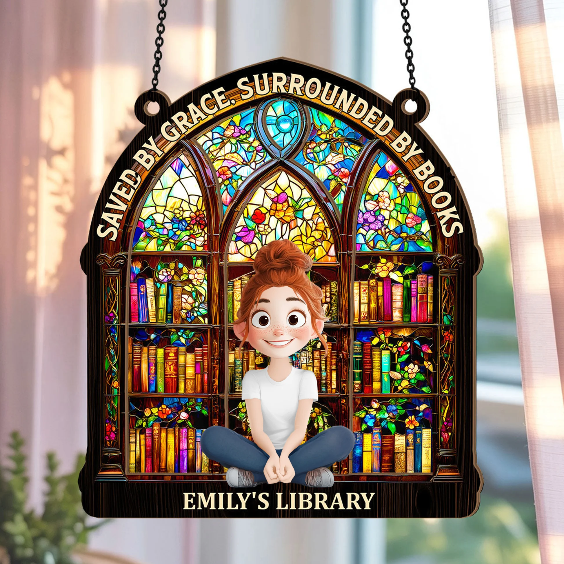 Saved By Grace, Surrounded By Books - Personalized Window Hanging Suncatcher | CLB2 - Image 4