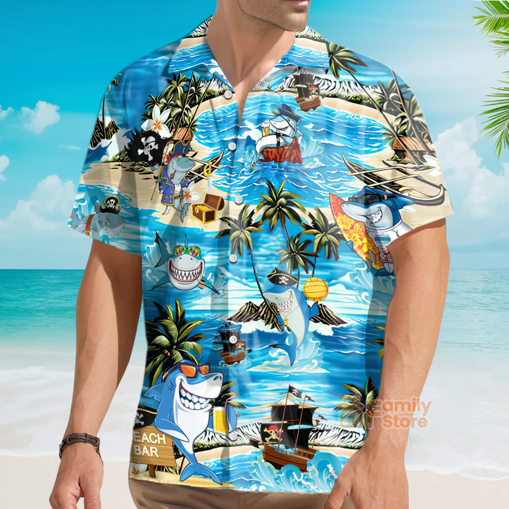 Shark Amazing Pirate Beach Bar Hawaiian Shirt - Image 4