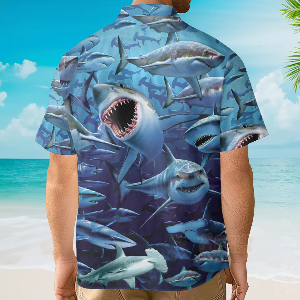 Shark Family Hunting Together Hawaiian Shirt - Image 4