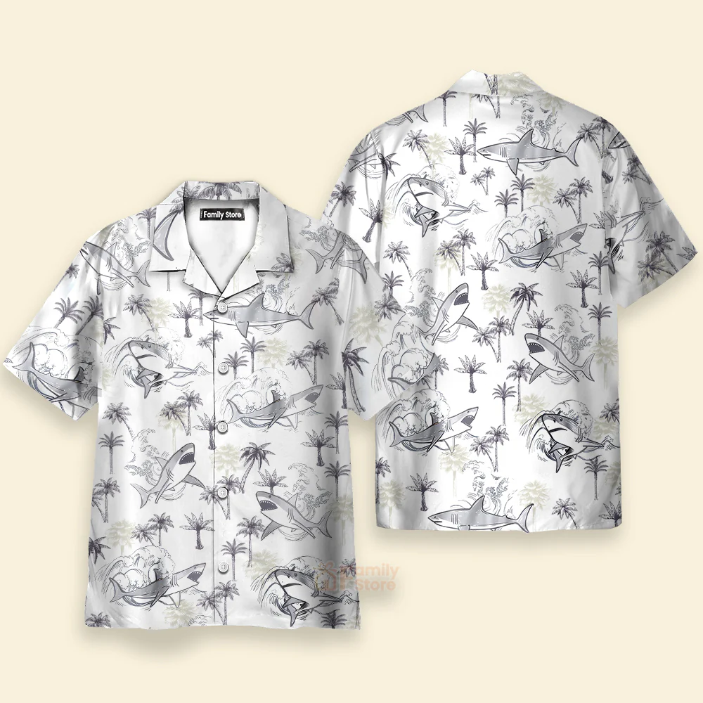 Retro Palm Tree & Shark Print Hawaiian Shirt - Beach Themed - Image 2