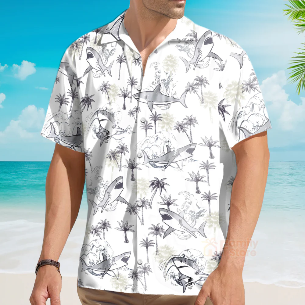 Retro Palm Tree & Shark Print Hawaiian Shirt - Beach Themed - Image 3