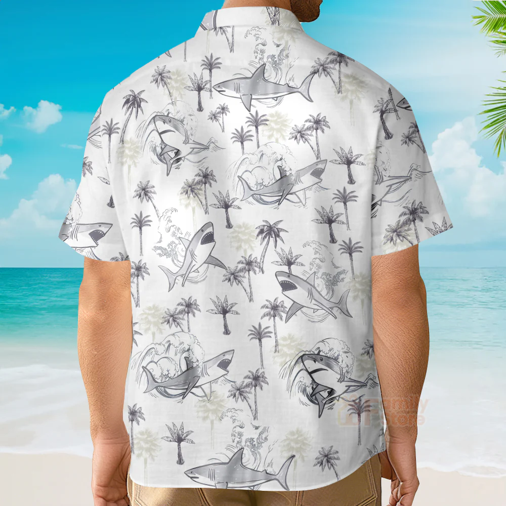 Retro Palm Tree & Shark Print Hawaiian Shirt - Beach Themed - Image 4