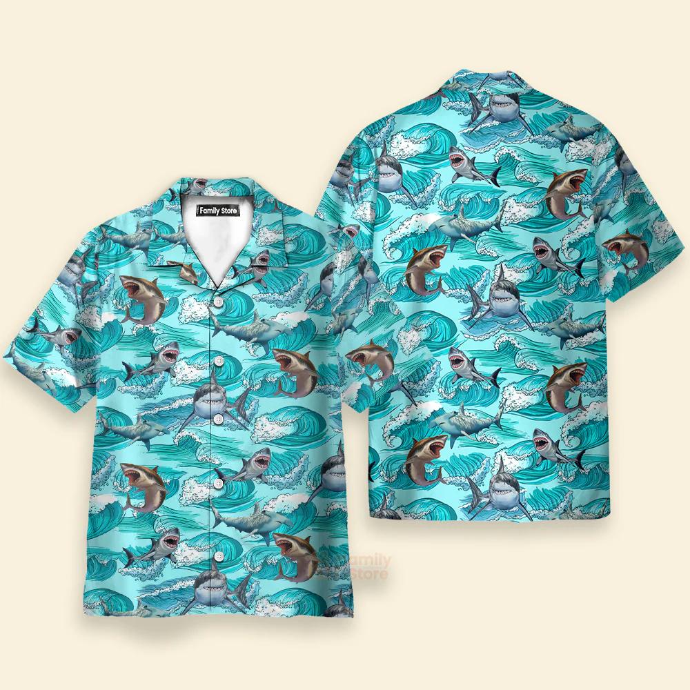 Sharks On Sea Waves Hawaiian Shirt - Image 3