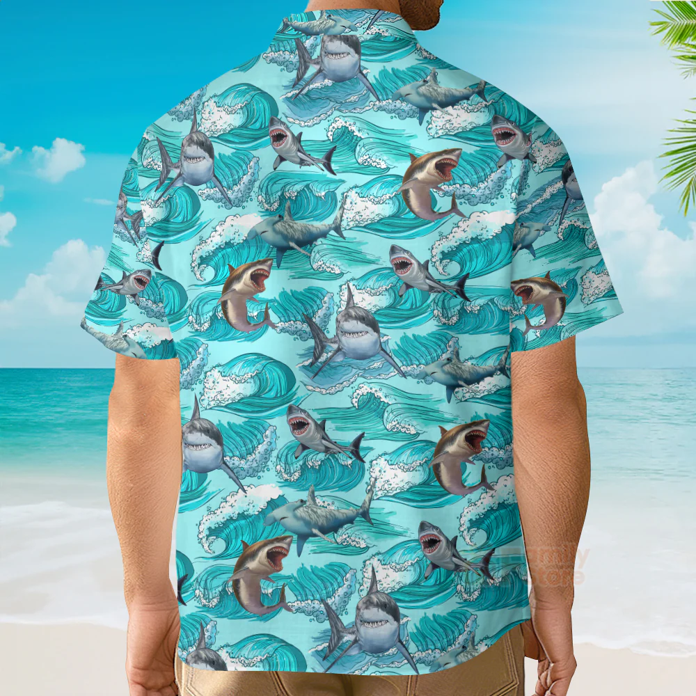 Sharks On Sea Waves Hawaiian Shirt - Image 5