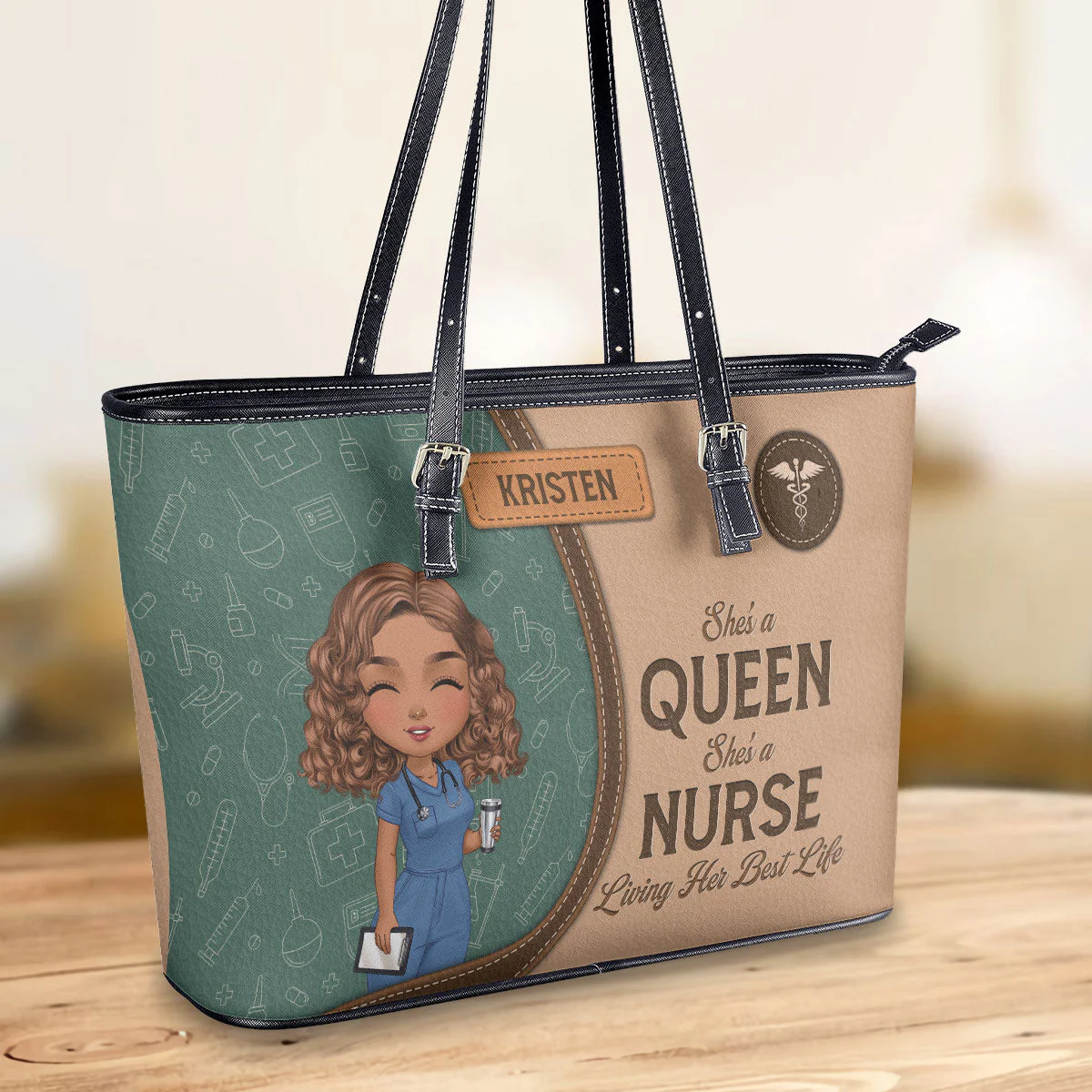 She Is A Nurse Queen - Personalized Leather Tote Bag - Gift For Nurse | NR4 HH01 - Image 2