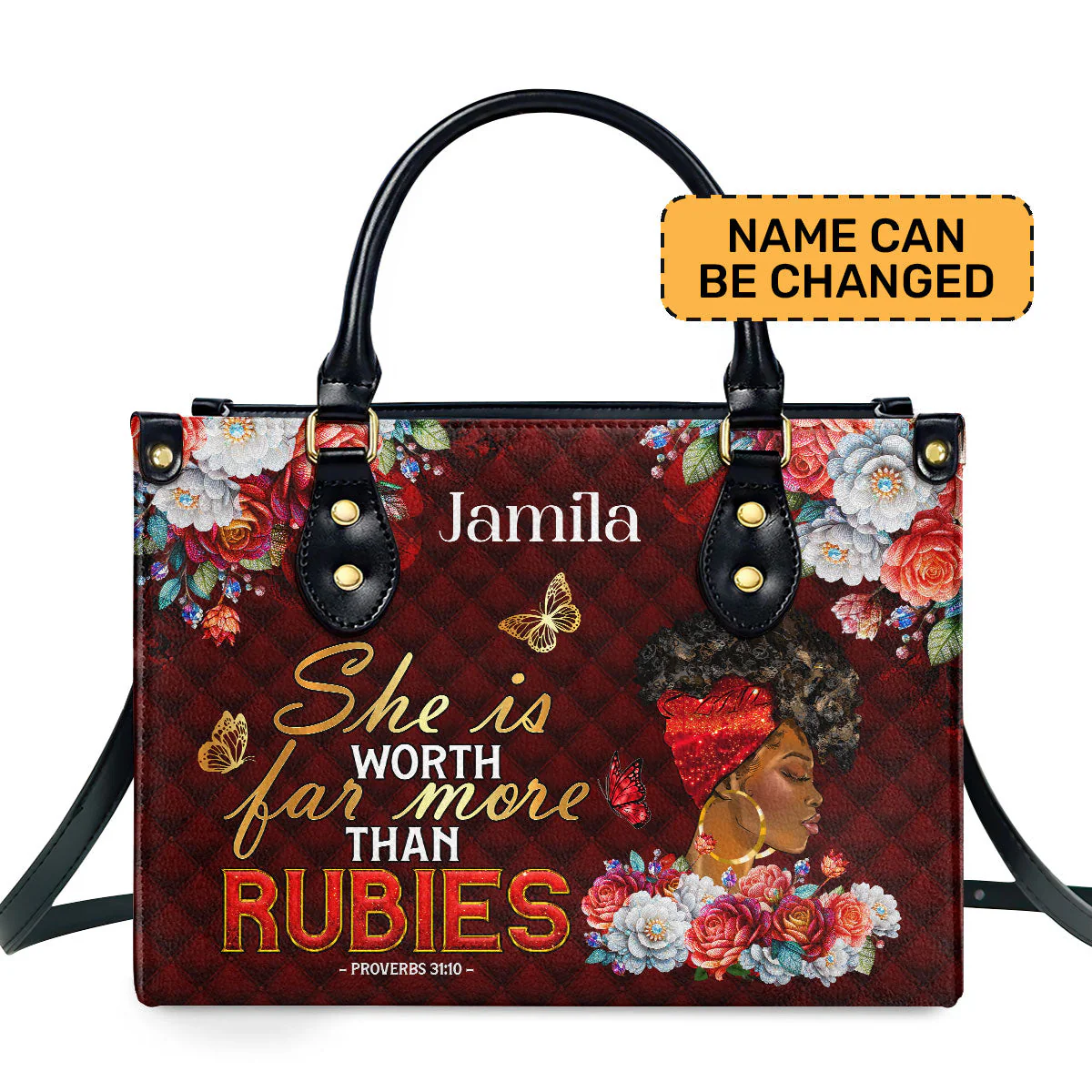 She Is Worth More Than Rubies - Custom Proverbs 31 Leather Handbag - Gift For Her, Black Queen HD95