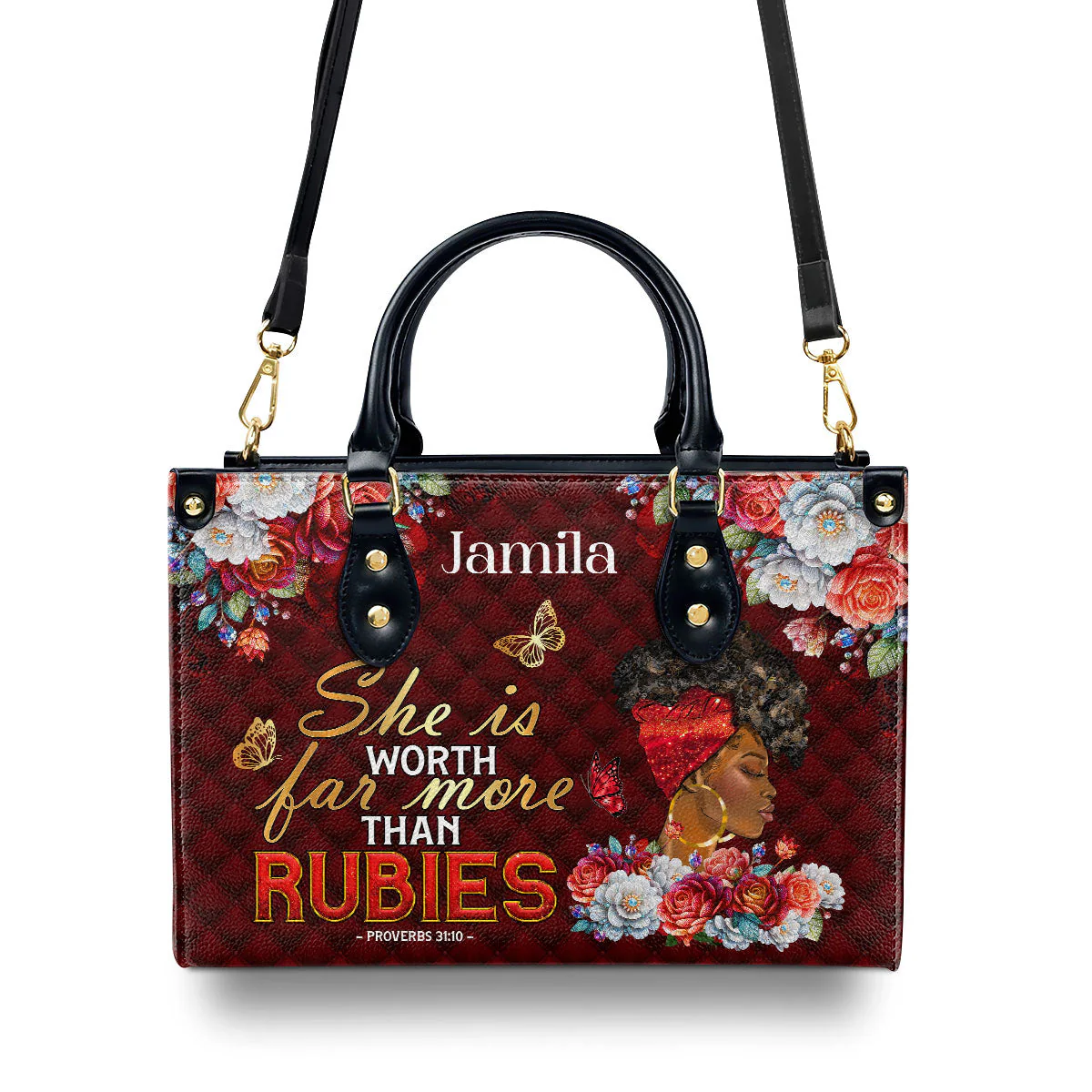 She Is Worth More Than Rubies - Custom Proverbs 31 Leather Handbag - Gift For Her, Black Queen HD95 - Image 4