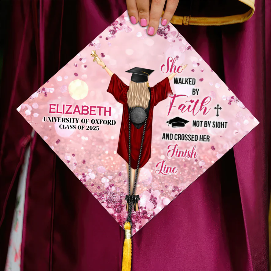 She Walked by Faith Grad Cap Topper - Custom Glitter Graduation Cap Decor | GR4