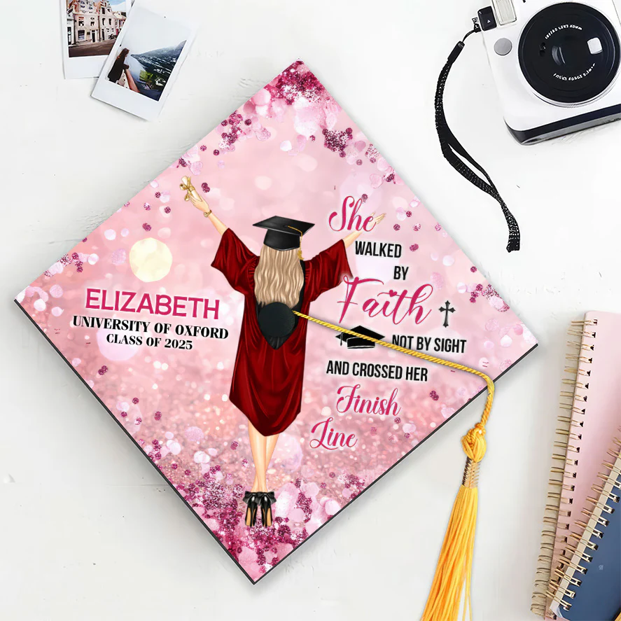 She Walked by Faith Grad Cap Topper - Custom Glitter Graduation Cap Decor | GR4 - Image 4