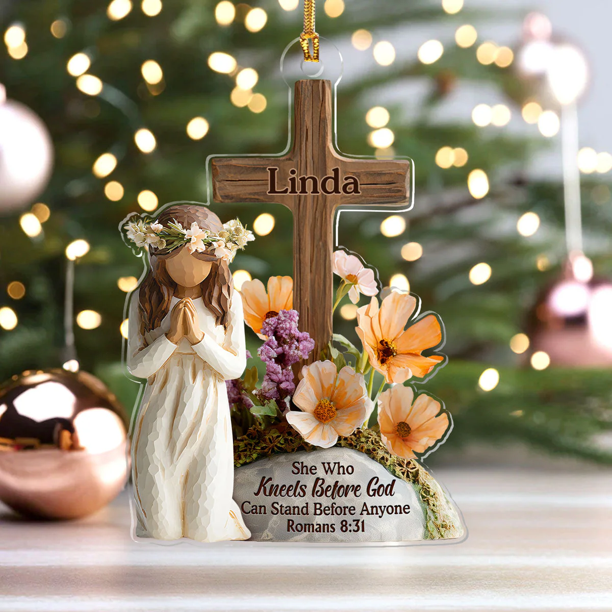 She Who Kneels Before God Can Stand Before Anyone - Personalized 1-Layer Acrylic Ornament HL128 - Image 4