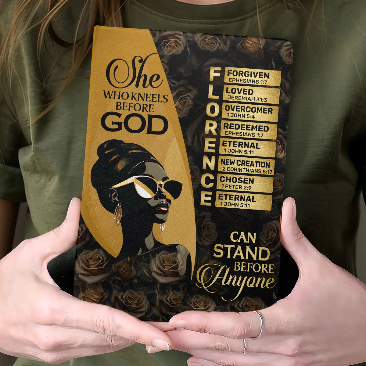 She Who Kneels Before God Can Stand Before Anyone - Personalized Leather Cover Notebook - Image 2