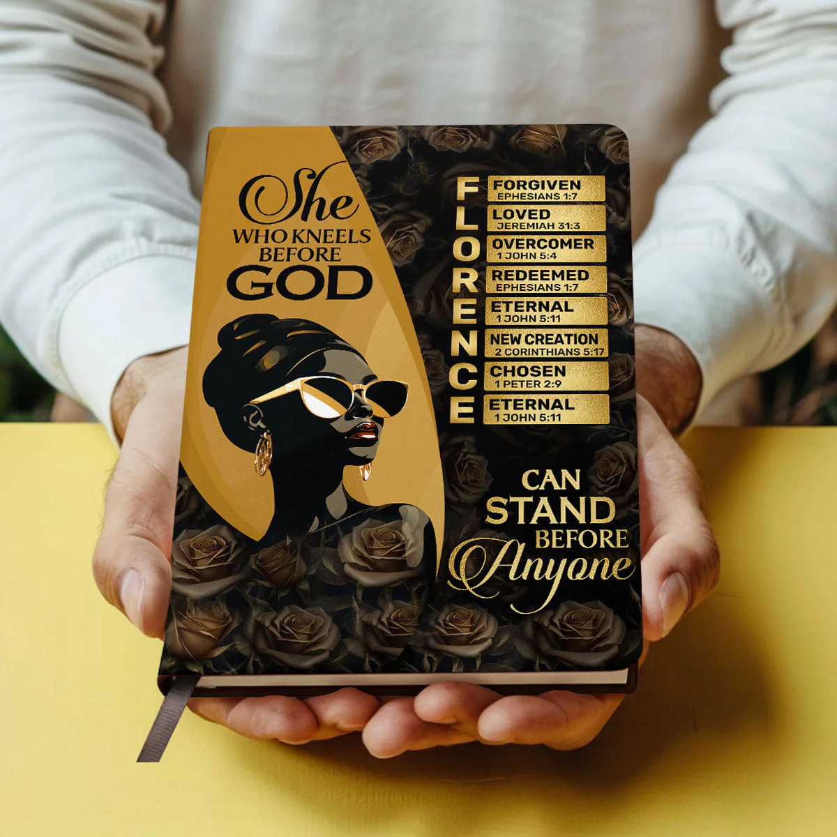 She Who Kneels Before God Can Stand Before Anyone - Personalized Leather Cover Notebook - Image 4