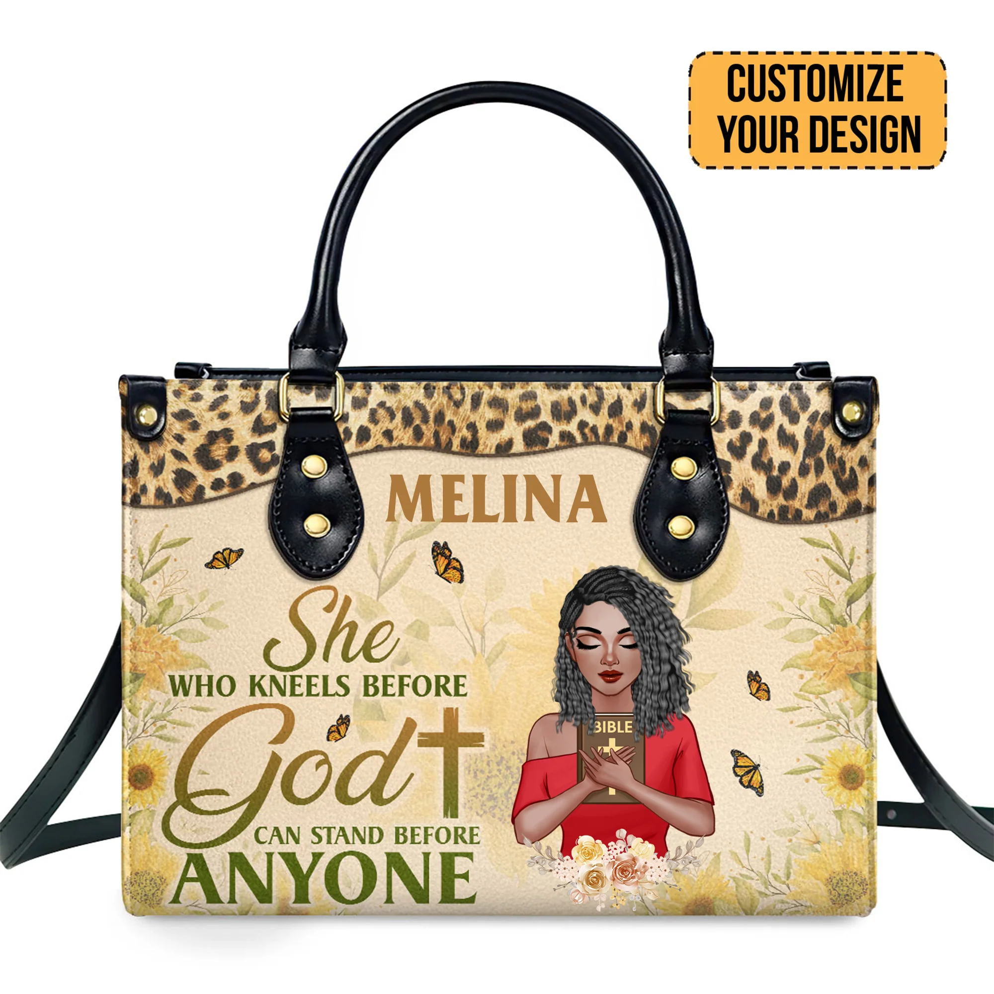 She Who Kneels Before God Can Stand Before Anyone - Personalized Leather Handbag With Zipper - CLGOD01 PT - Image 3