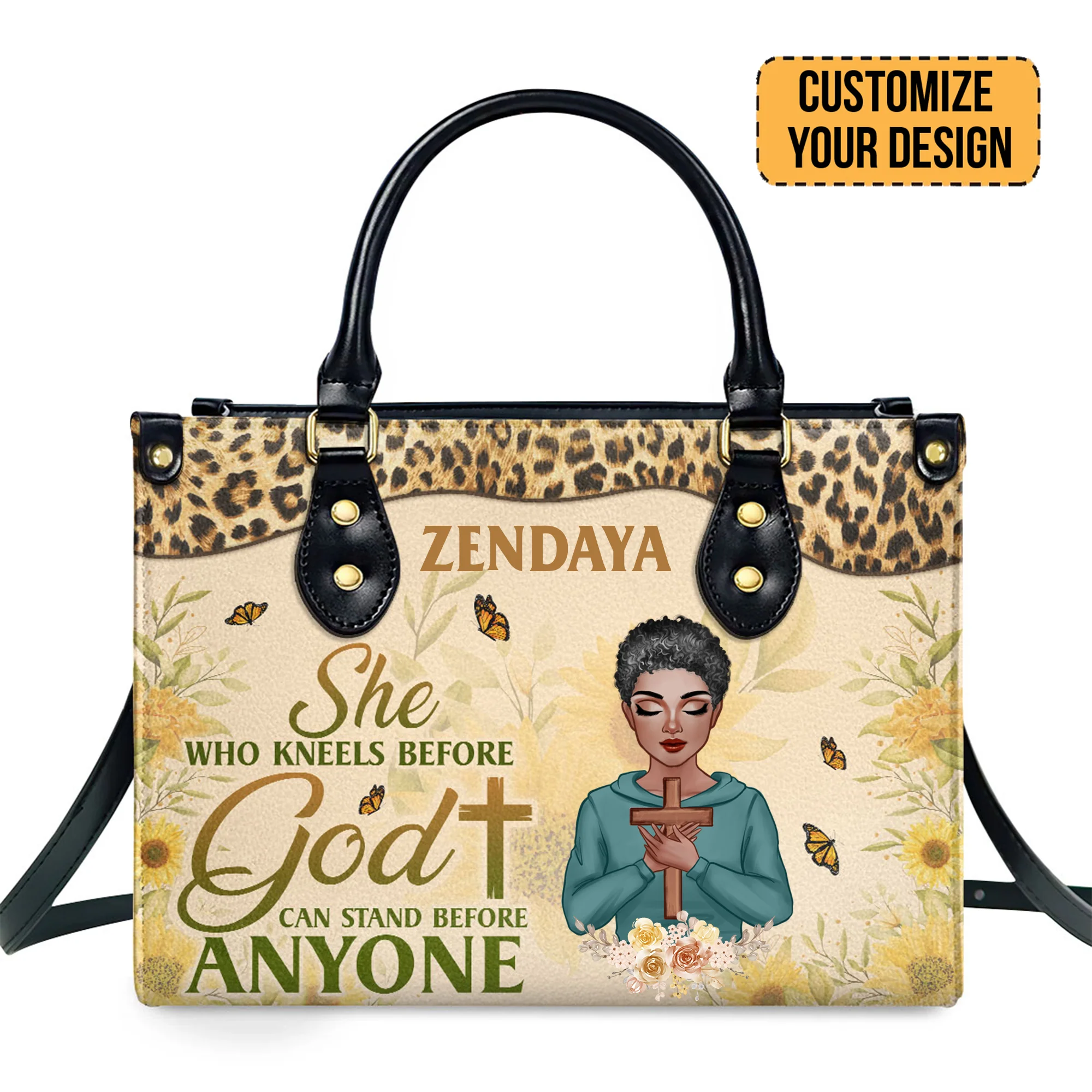 She Who Kneels Before God Can Stand Before Anyone - Personalized Leather Handbag With Zipper - CLGOD01 PT - Image 4