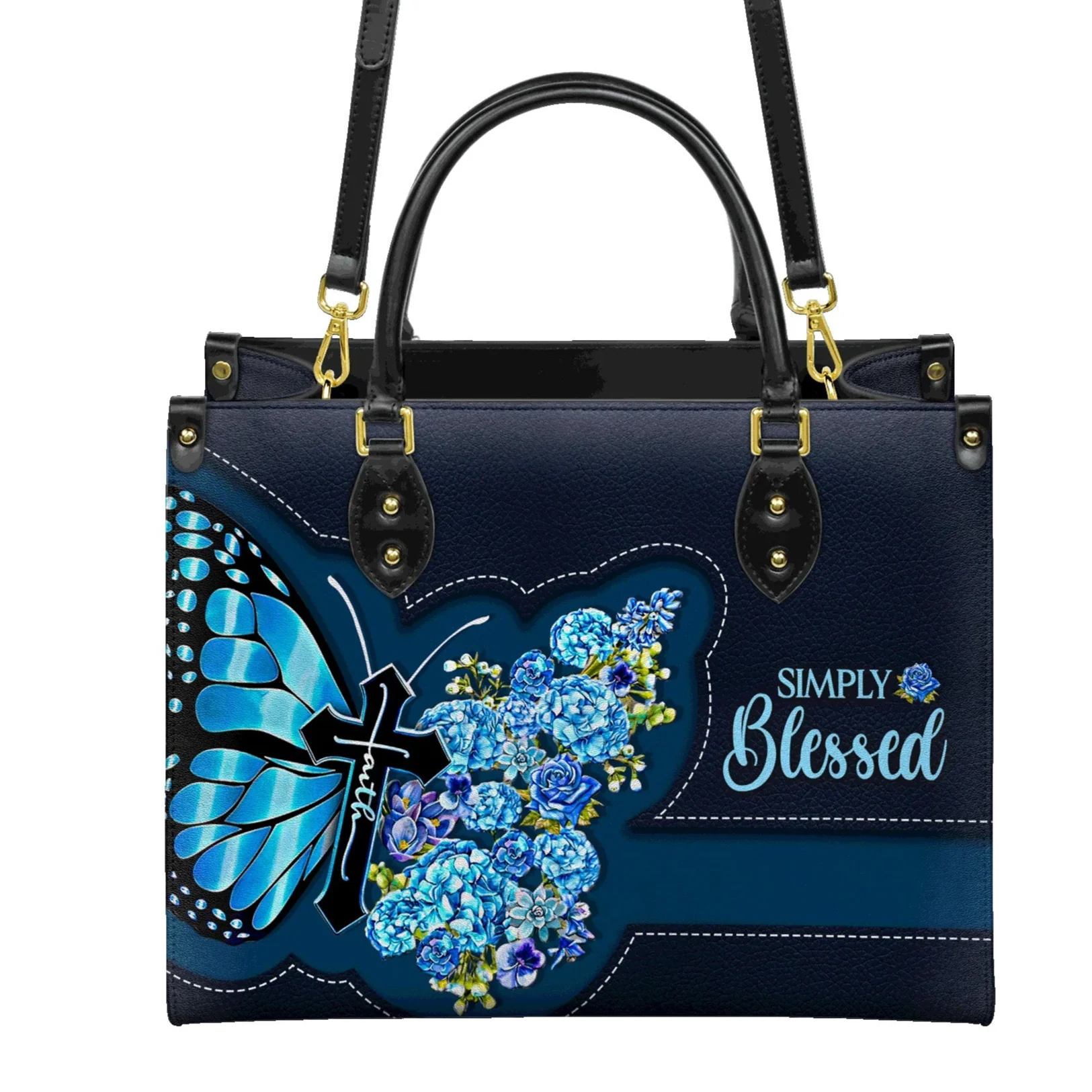 Simply Blessed Blue Butterfly & Flowers - Christian Leather Handbag