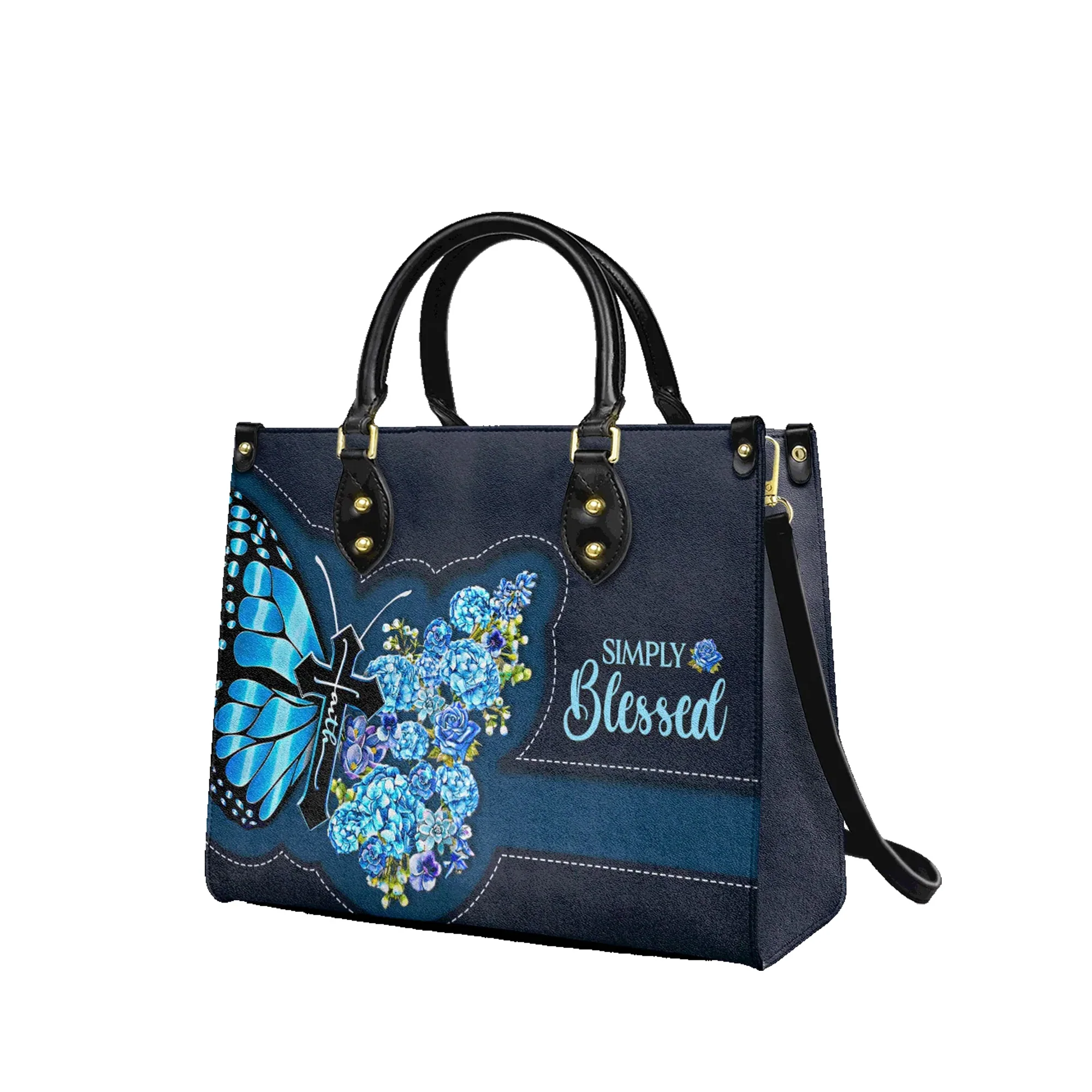 Simply Blessed Blue Butterfly & Flowers - Christian Leather Handbag - Image 2