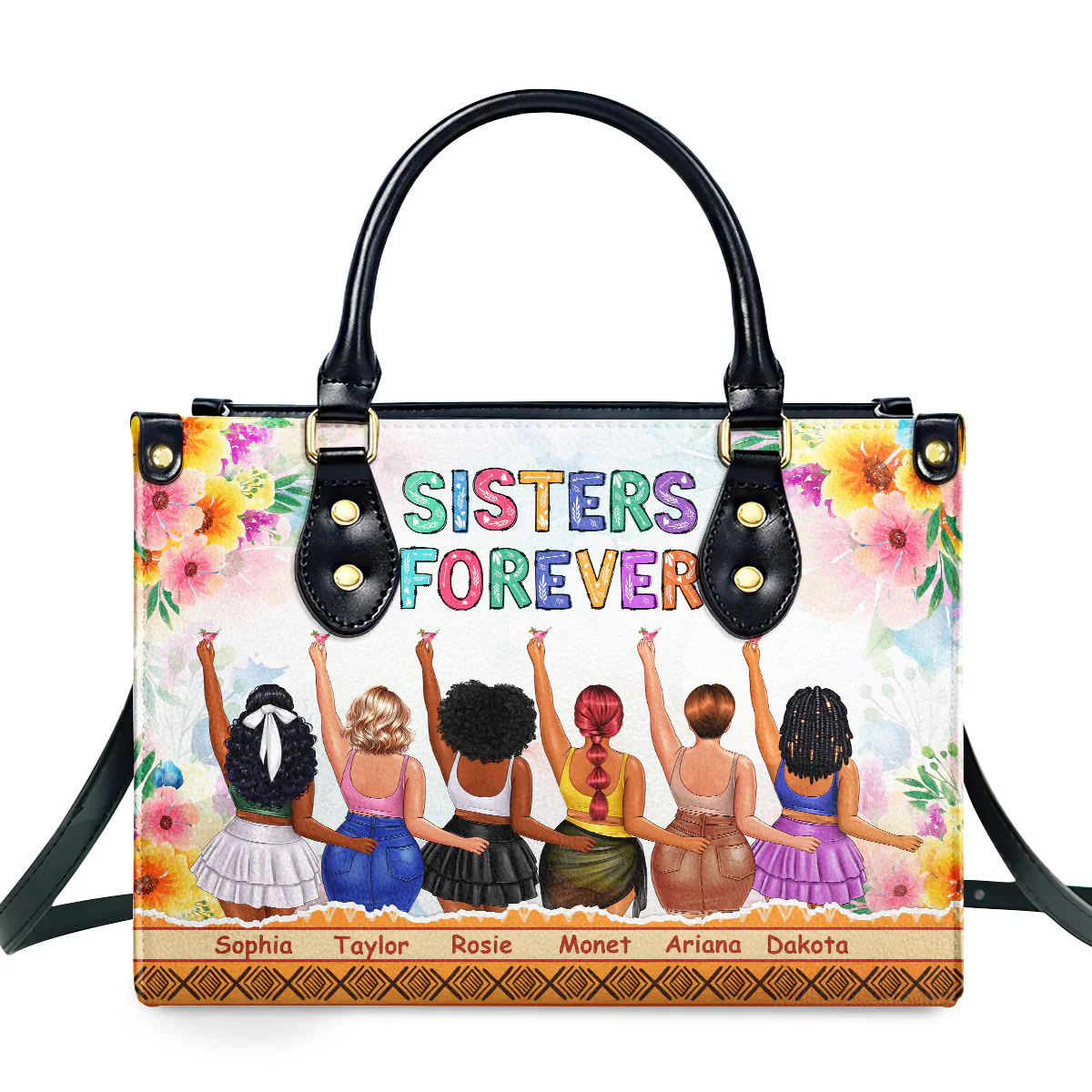 Sisters Forever Custom Tote - Diverse Friendship Leather Handbag - Gift for Black Women, Best Friends | HD95