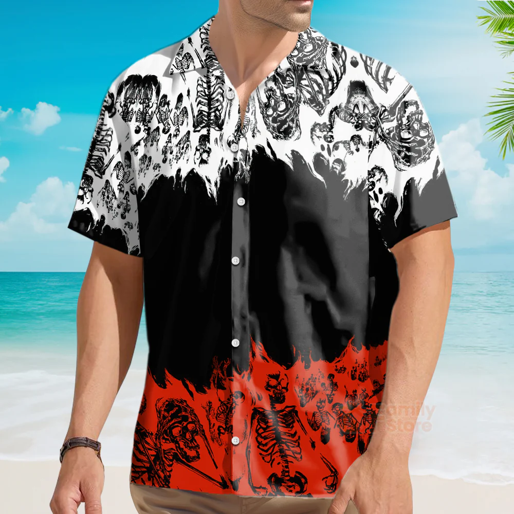 Gothic Skeleton Colorblock Print Hawaiian Shirt - Image 3