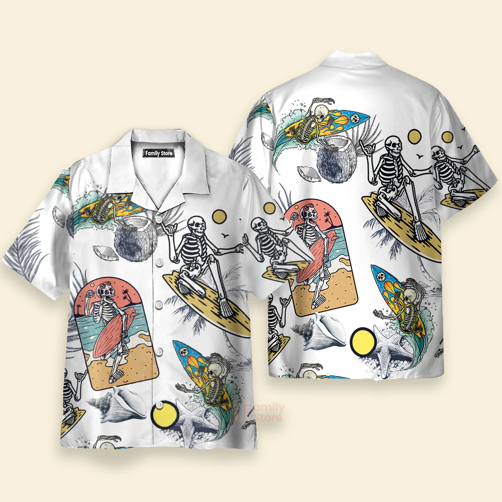 Skeleton Surfing Print Short Sleeve Button Down Shirt - Image 2