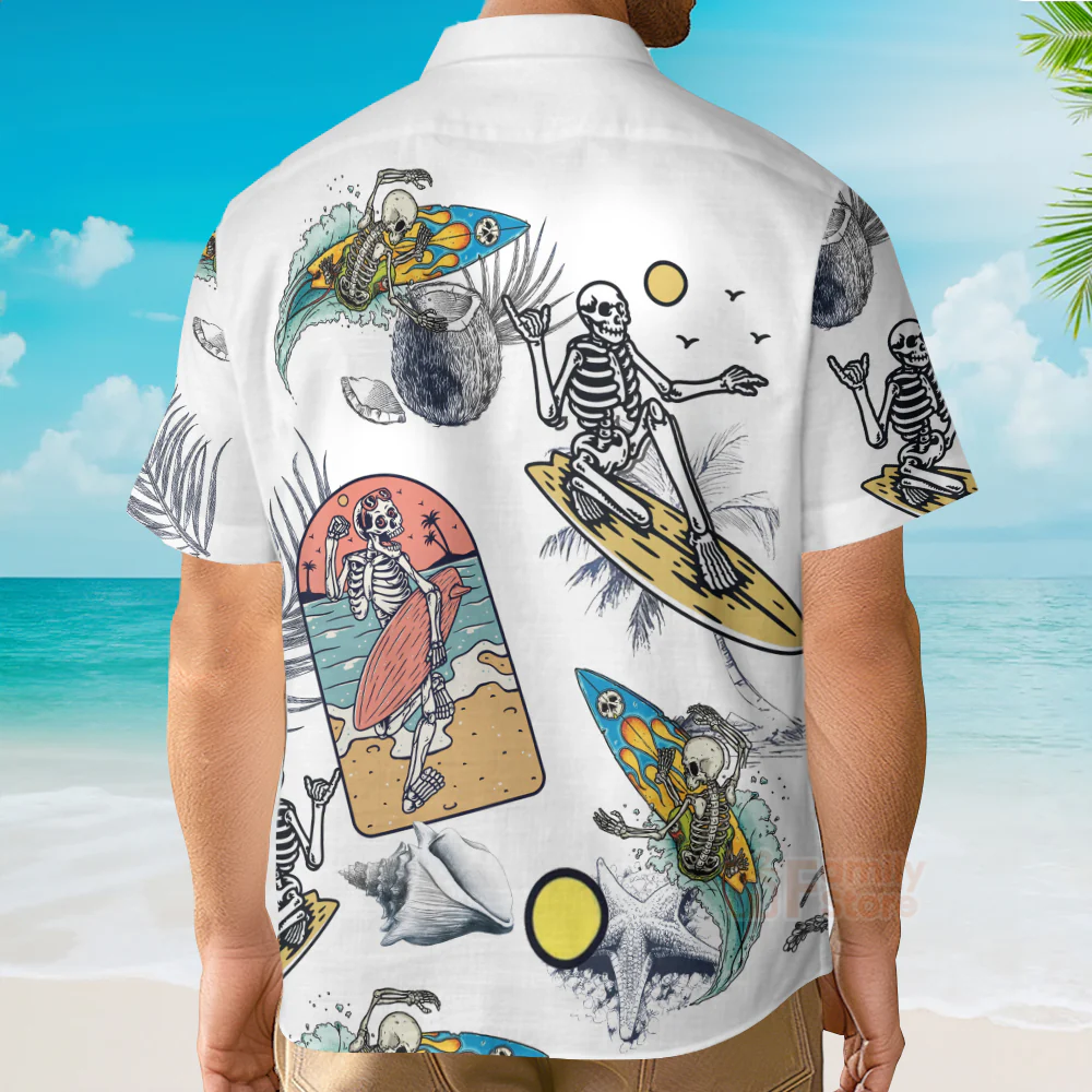 Skeleton Surfing Print Short Sleeve Button Down Shirt - Image 3