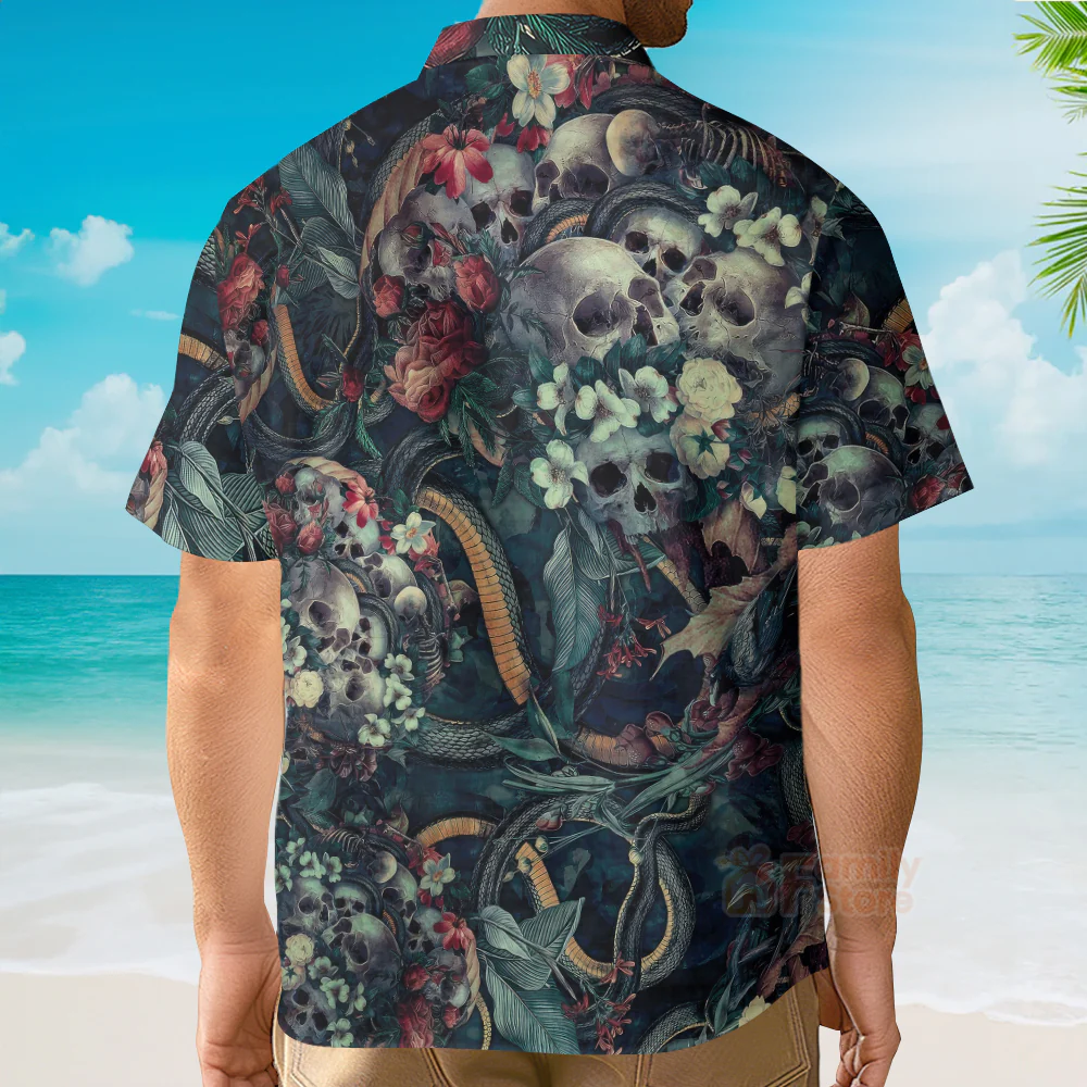 Skull Among The Mysterious And Eerie Flowers Hawaiian Shirt - Image 4