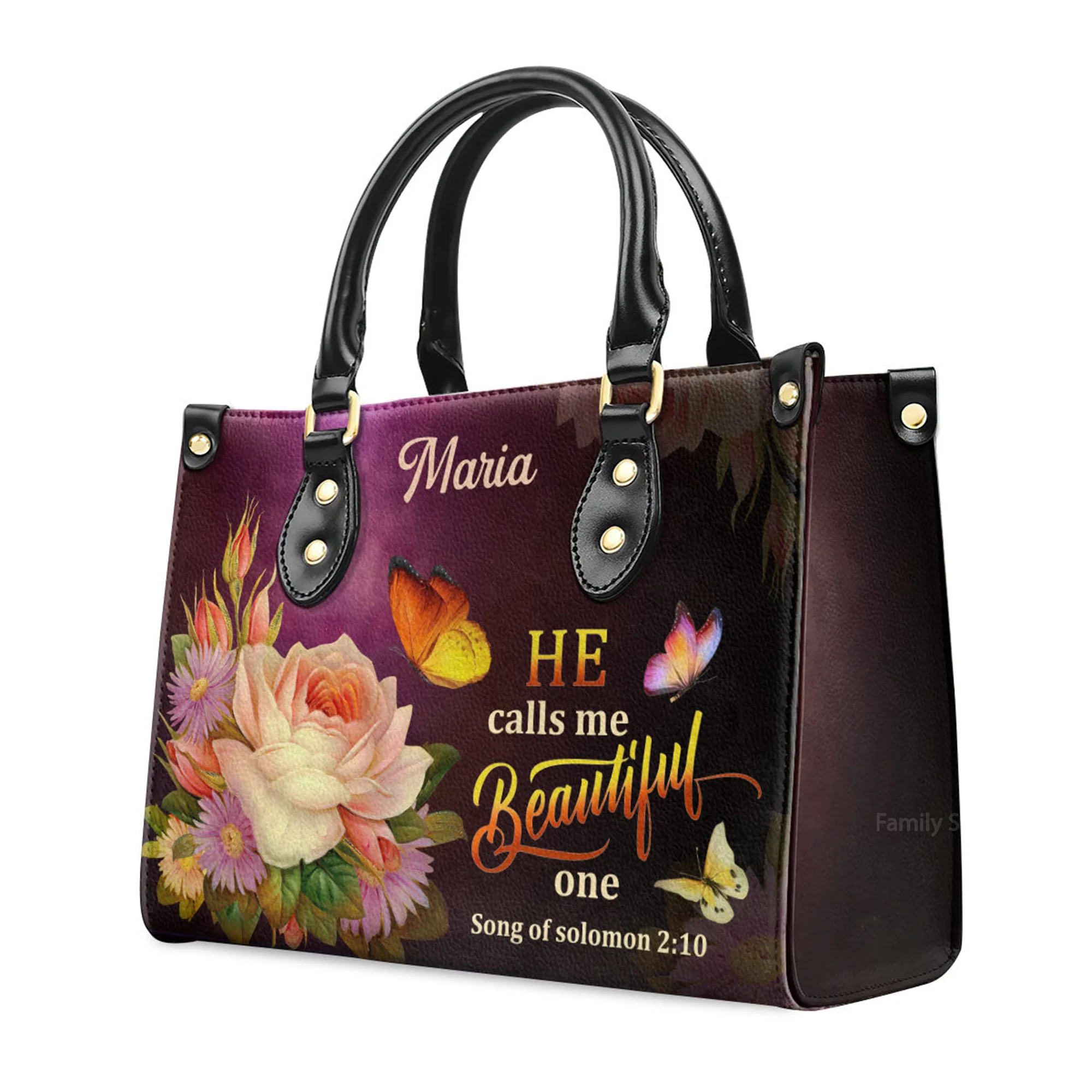 Solomon 210 Flower And Butterfly He Calls Me Beautiful One - Unique Personalized Leather Handbag - AT4080938 - Image 3