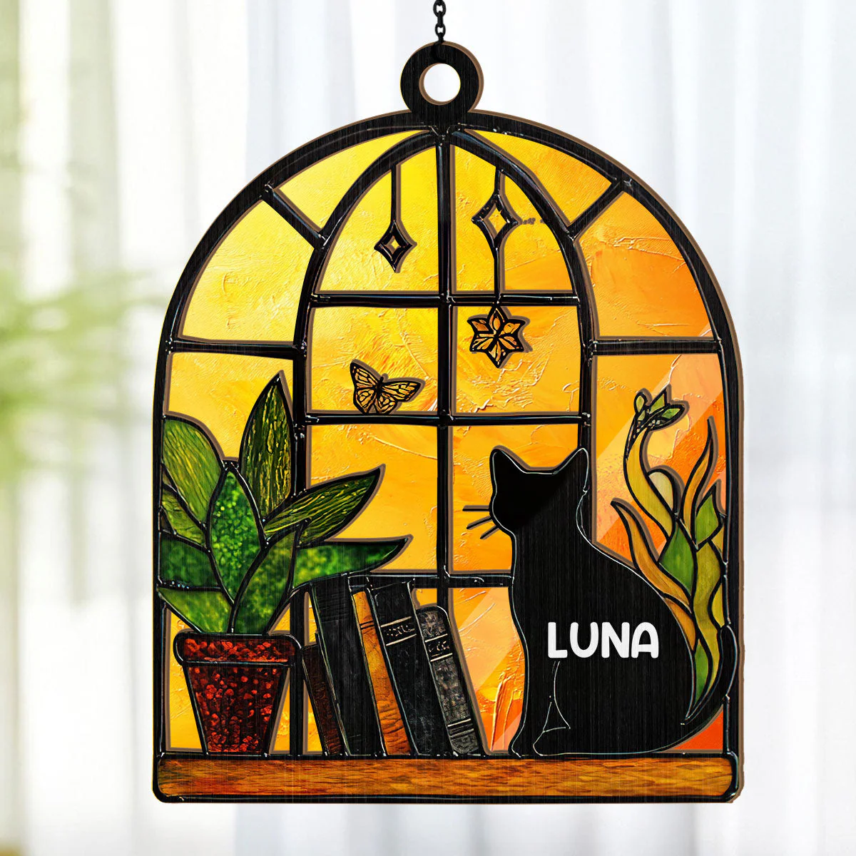 Stained Glass Black Cat And Book - Personalized Window Hanging Suncatcher - Image 4