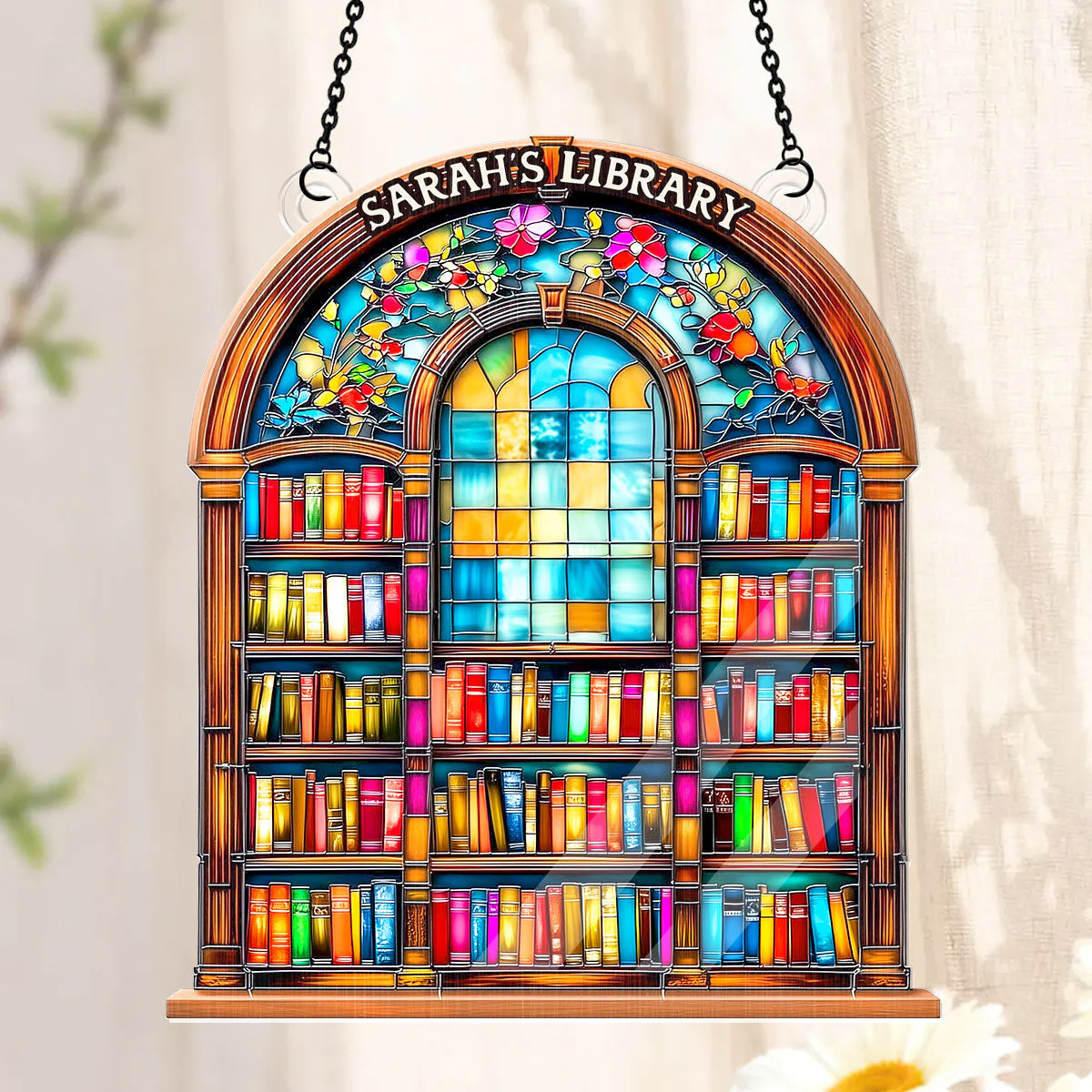 Stained Glass Effect Old Library - Personalized Window Hanging Suncatcher - Image 3