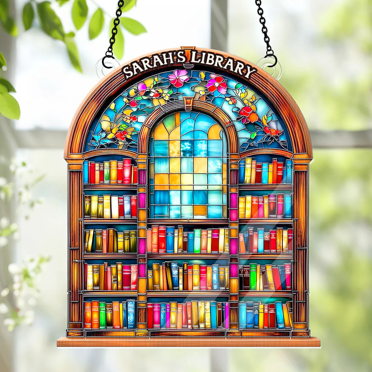 Stained Glass Effect Old Library - Personalized Window Hanging Suncatcher - Image 4