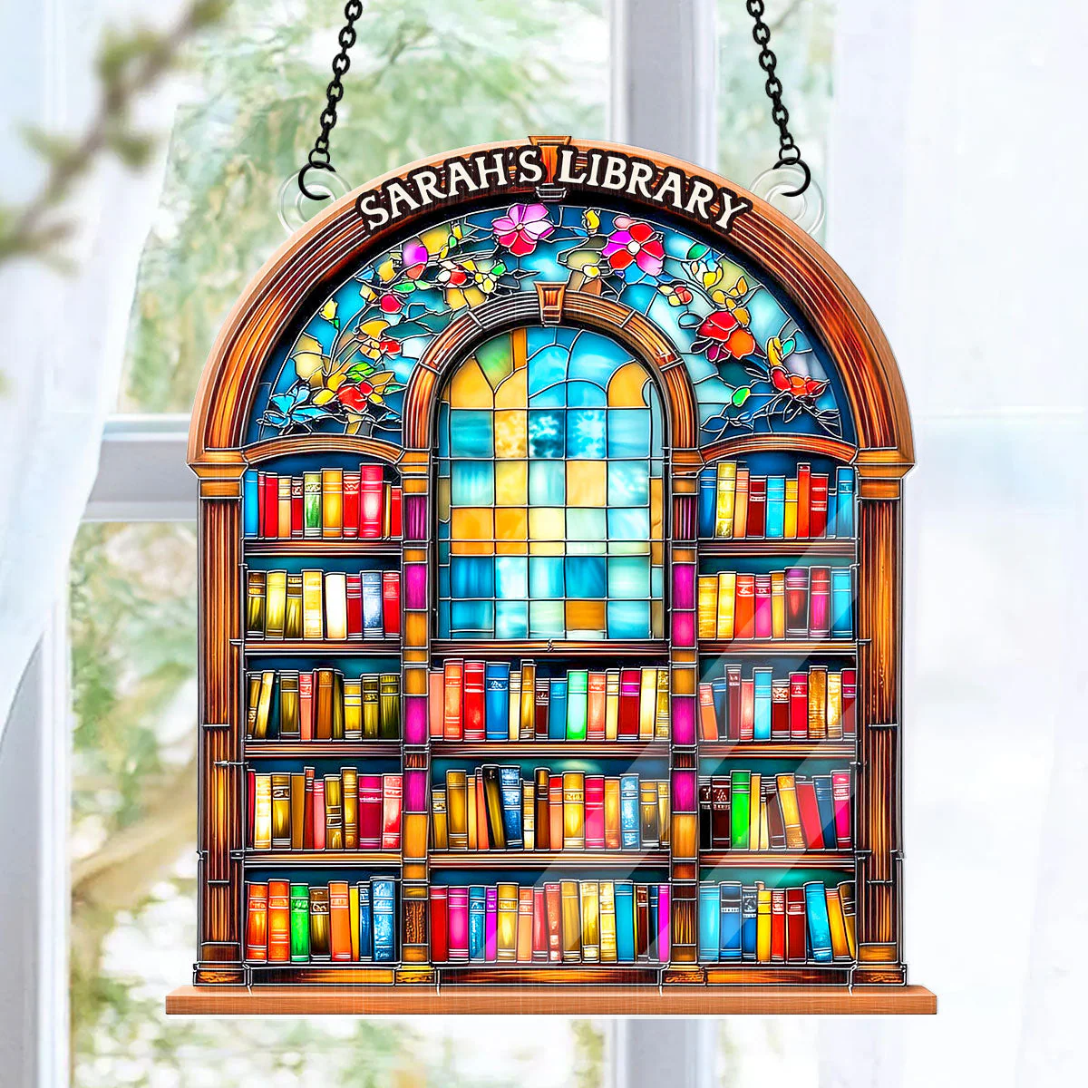 Stained Glass Effect Old Library - Personalized Window Hanging Suncatcher - Image 6