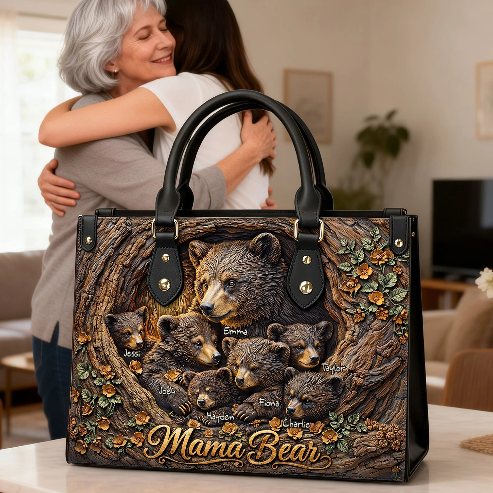Strong Mama Bear Family - Personalized Leather Bag - Gift For Mom, Grandma