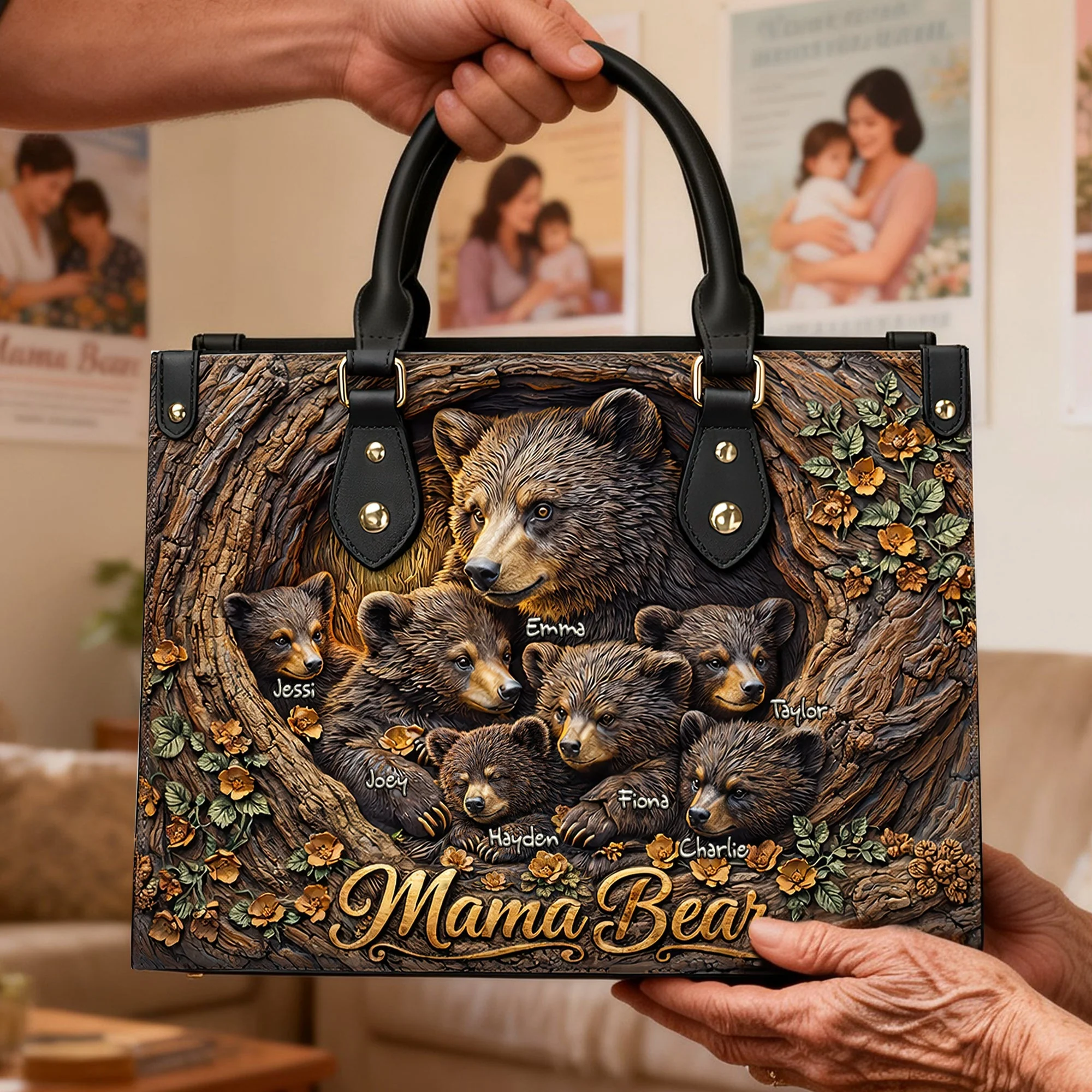 Strong Mama Bear Family - Personalized Leather Bag - Gift For Mom, Grandma - Image 3